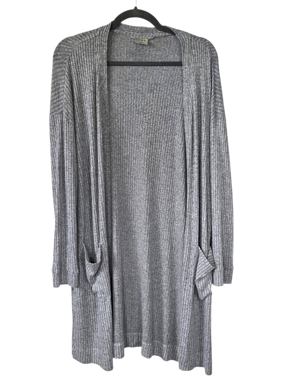 Soma Brushed Cozy Rib Duster Cardigan L Gray Longline Open Front Pockets Cozy